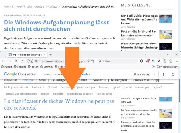 Ein PCtipp-Artikel, oben auf Deutsch, unten in den französischen Google-Übersetzung 