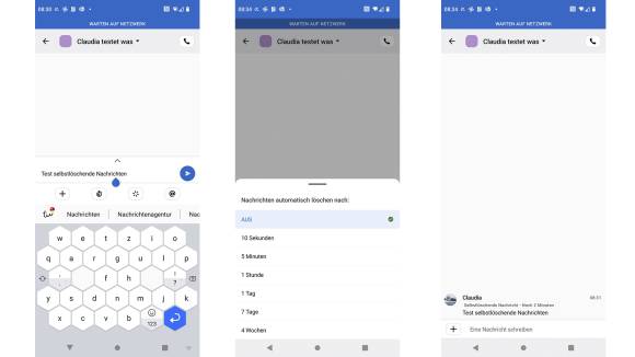 Drei Smartphone Screenshots zeigen selbstlöschende Nachrichten in Wire 