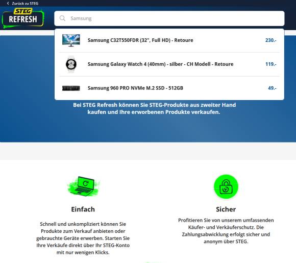 Screenshot zeigt Beispiel-Produktsuche nach dem Stichwort "Samsung"