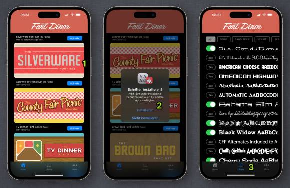 Die Oberfläche der App «Font Diner»