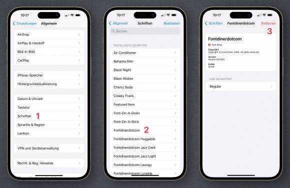 Dre Screens zeigen, wie installierte Fonts gelöscht werden