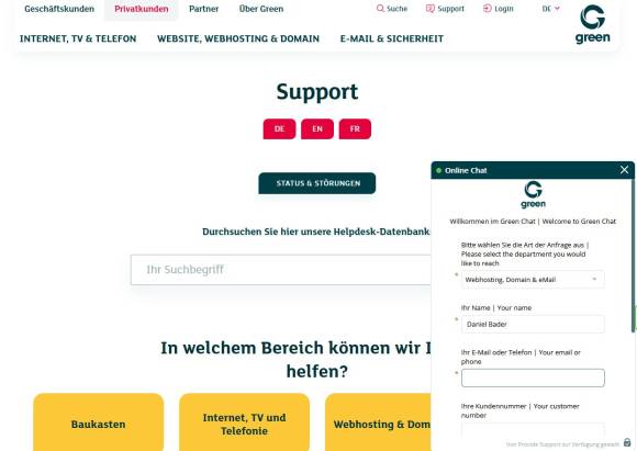 Green.ch Supportseite mit Chatfenster