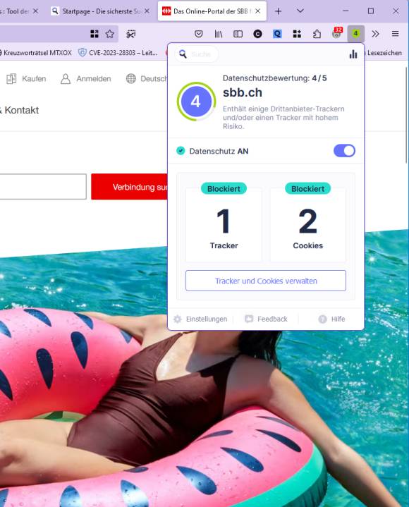 Datenschutzbewertung und Tracker-Block für sbb.ch
