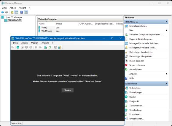 Hyper-V-Screenshot zeigt VM-Fenster mit der Schaltfläche Starten