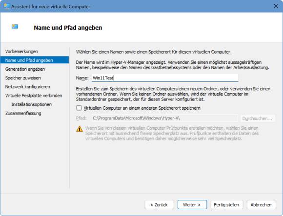 Der erste Schritt zum Erstellen einer VM