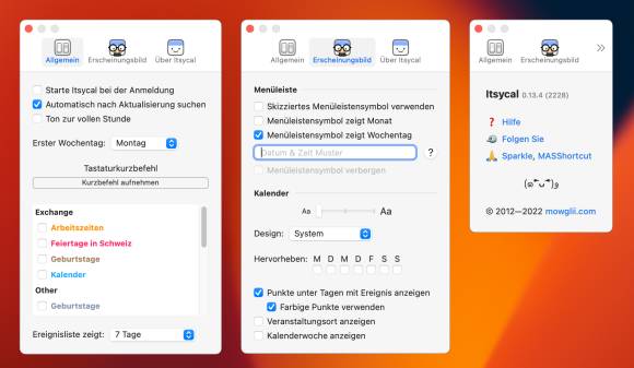 Die zahlreichen Einstellungen von Itsycal