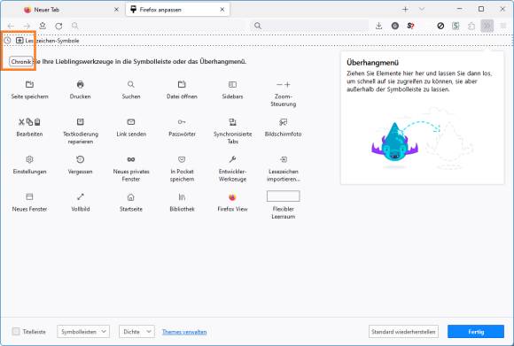 Das vermisste Chronik-Symbol ist in der Lesezeichensymbolleiste gelandet