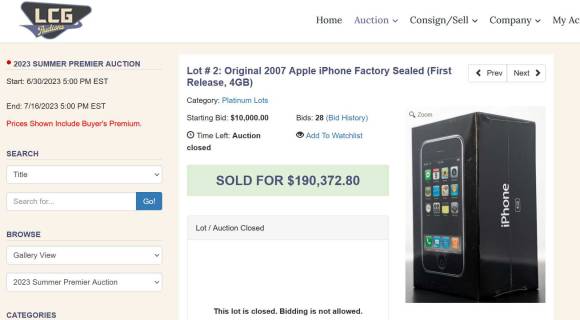 Screenshot der Auktion zeigt Schlusspreis 190372,80 Dollars 