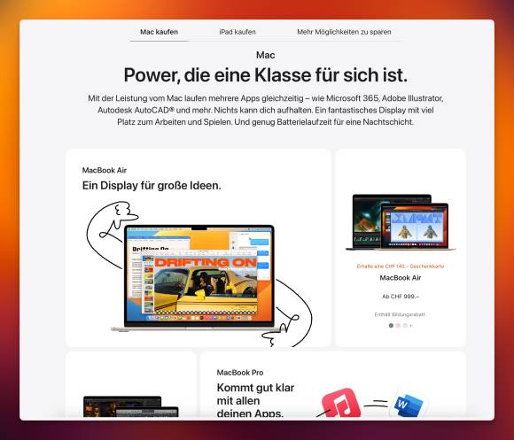 Ausschnitt aus der Aktionsseite von Apple