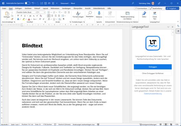 Nach der Installation, das LanguageTool inWord