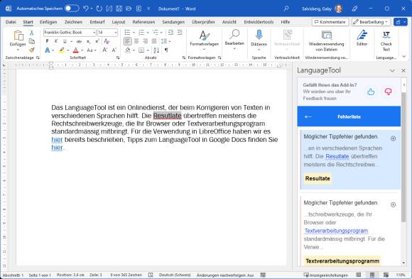 Screenshot des LanguageTools in Word 