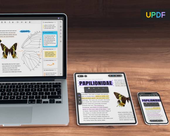 Der UPDF Editor auf einem Notebook, Tablet und Smartphone