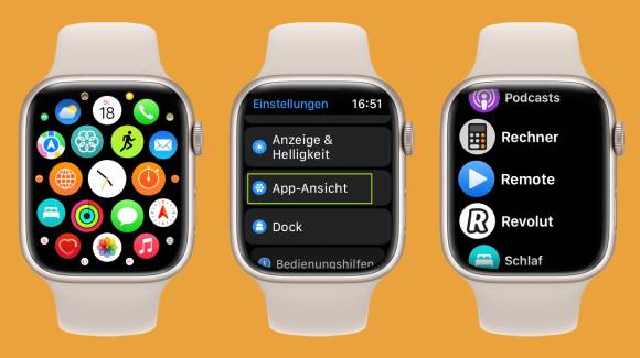 Einstellungen der Apple Watch, um in die Listenansicht zu wechseln