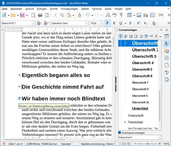 Writer-Dokument mit Formatvorlagen und eingeklappten Abschnitten