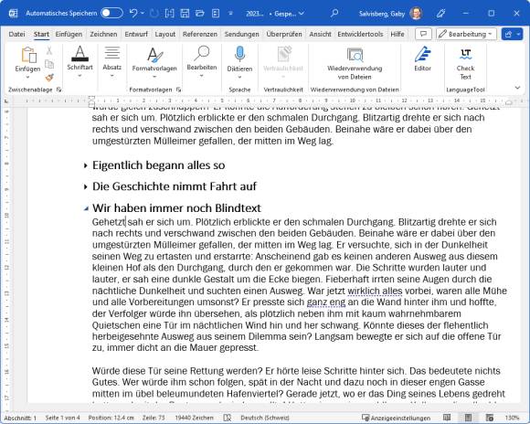 Word-Dokument, in welchem die Texte neben zwei Titeln eingeklappt und somit ausgeblendet sind 