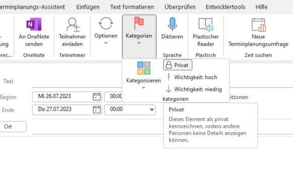 Die Privat-Option in einem neuen Outlook-Termin 