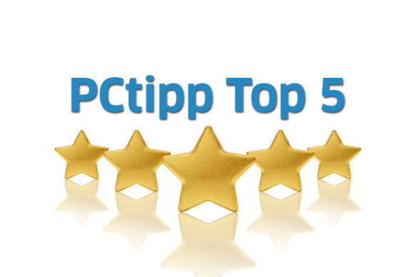 Schriftzug "PCtipp Top 5", dekoriert mit fünf goldenen Sternen 