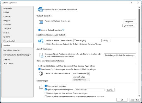 Die Outlook-Optionen mit der Standardbrowser-Einstellung