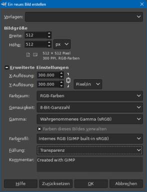 Einstellungen für ein neues Bild in Gimp