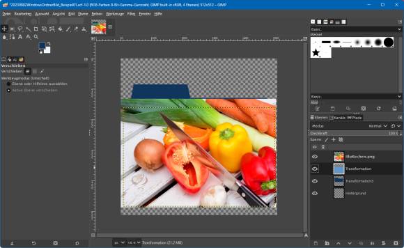 Ein Foto mit Gemüse und Rüstmesser wurde als neue Ebene eingefügt und passend skaliert