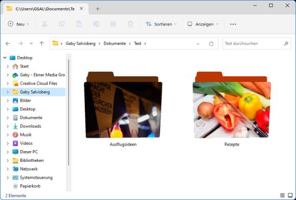 Die Ordner "Ausflugsideen" und "Rezepte" tragen thematisch passende Bilder 