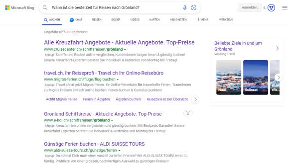 Bing-Websuche und Chat-Registerkarte