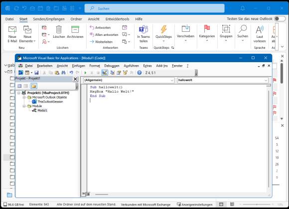 Beispiel-Makro im Outlook VBA-Editor 