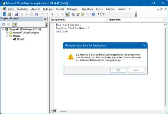 VBA-Fenster im Hintergrund und im Vordergrund eine Meldung