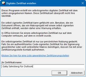 Ein Fenster mit einem Feld für die Namenseingabe fürs Zertifikat