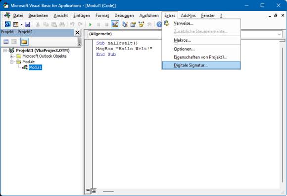 Das Menü Extras mit dem Befehl "Digitale Signatur"
