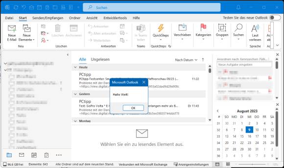 Eine Messagebox "Hallo Welt" vor dem Outlook-Fenster zeigt, dass unser Testmakro ausgeführt wurde