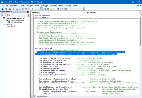 Der Makro-Code im VBA-Editor. Die zwei Zeilen mit den Regel- und Ordnernamen sind markiert