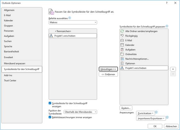 Die Makroverknüpfung für die Schnellzugriffsleiste