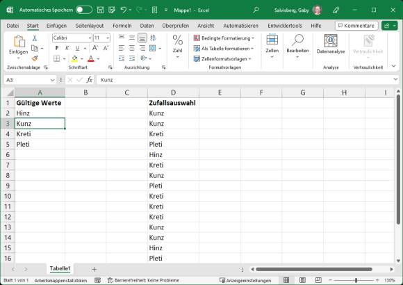 Excel-Tabelle mit Zufallseinträgen aus einer fest definierten Werteliste 