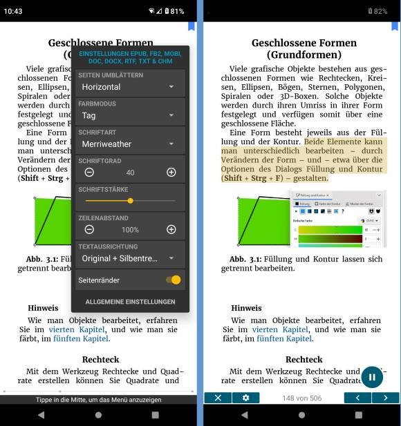 Zwei Screenshots aus der E-Reader-App "ReadEra" 
