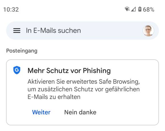 Das Banner in der Gmail-App mit der Info über Safe Browsing