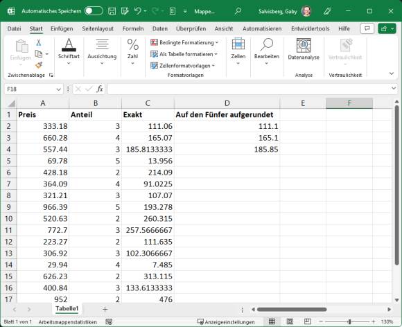 Excel-Tabelle mit aufgerundeten Beträgen 
