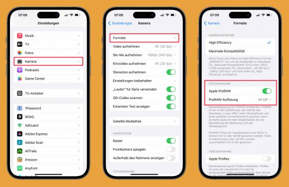 Drei Screens zeigen die Einstellungen für RAW-Aufnahmen