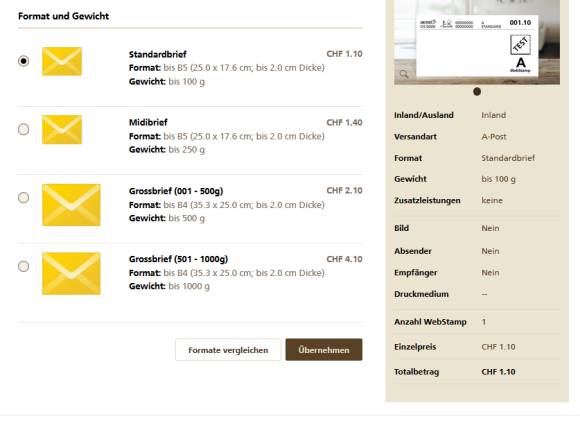 Im Webshop (WebStamp) werden alle Briefformate aufgelistet