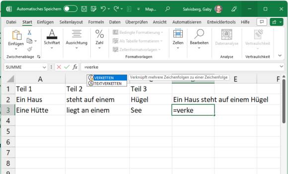 Excel-Tabelle zeigt bei der Funktionseingabe ein gelbes Dreieck 