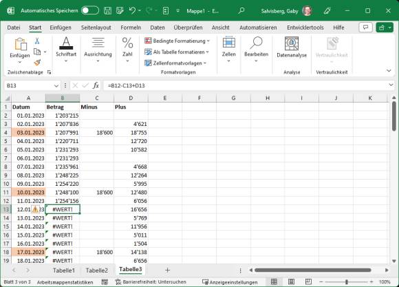 Excel-Tabelle zeigt in einer Spalte mehrfach den #WERT-Fehler 