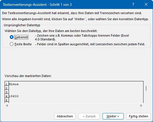 Sie brauchen nichts anderes einzugeben, sondern verwenden direkt «Fertig stellen» Der Textkonvertierungs-Assistent