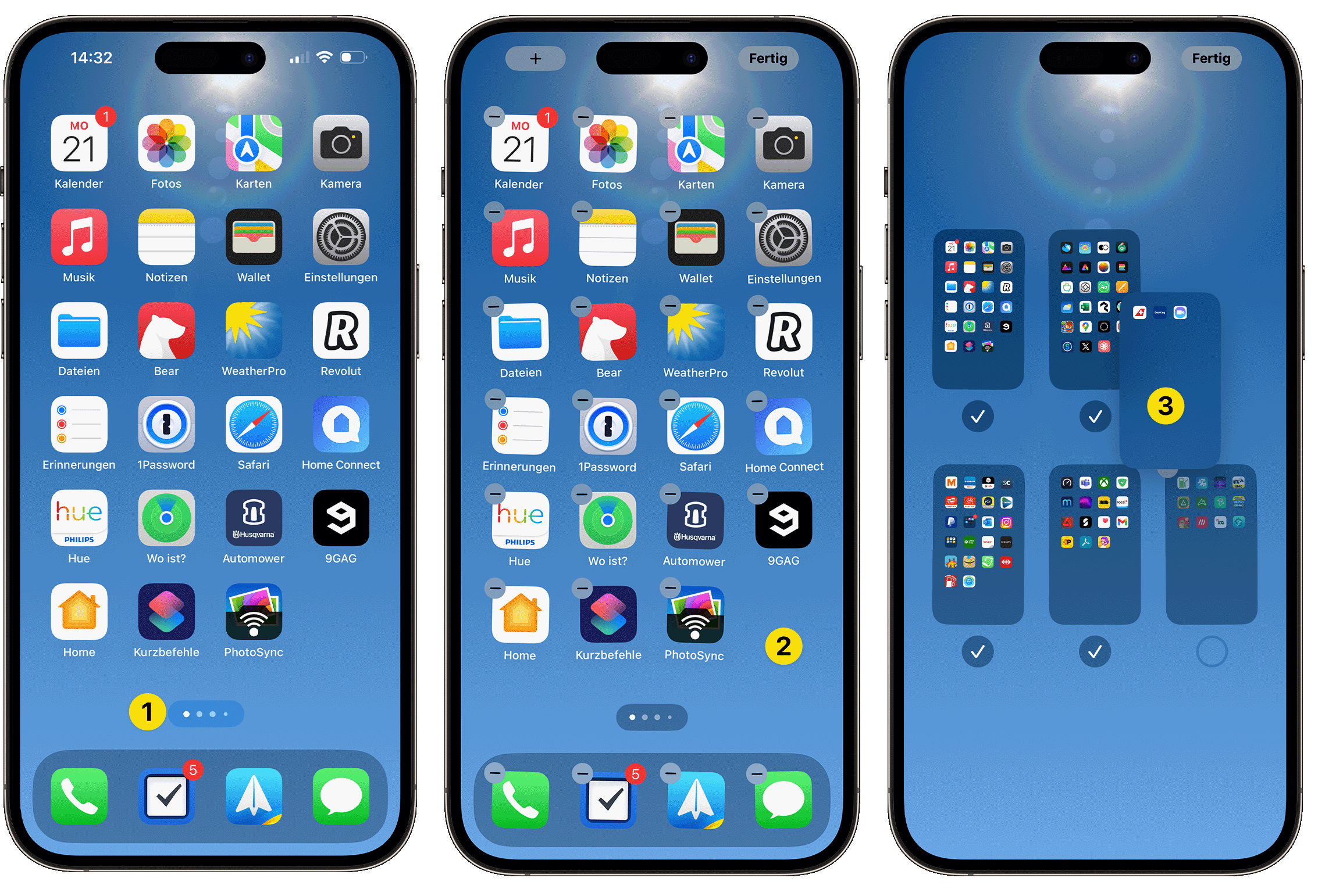 Auf drei iPhone-Screens werden die Home-Bildschirme neu angeordnet