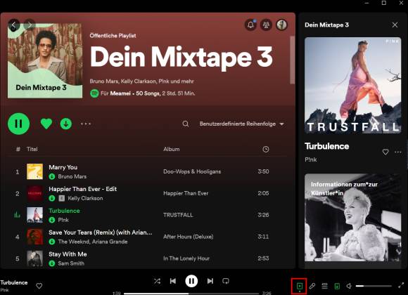 Spotify-Mixtape mit Infos zum aktuellen Titel (rechts) 