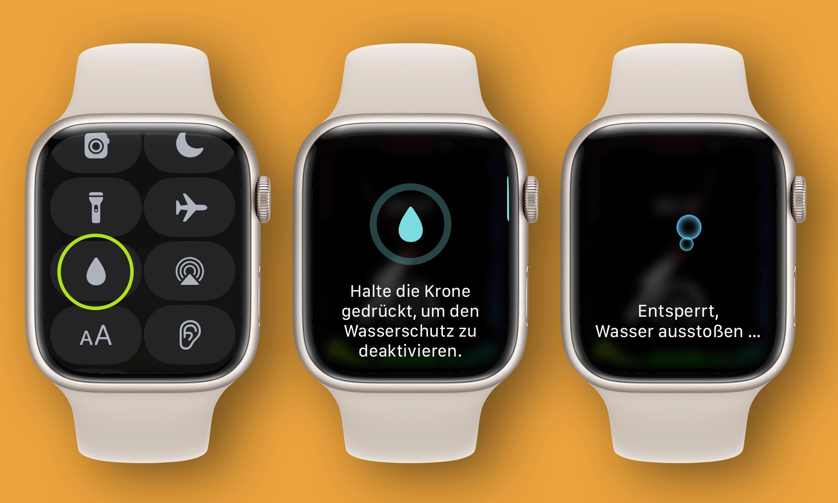 Drei Screenshots zeigen die Funktion des Wasserschutzes