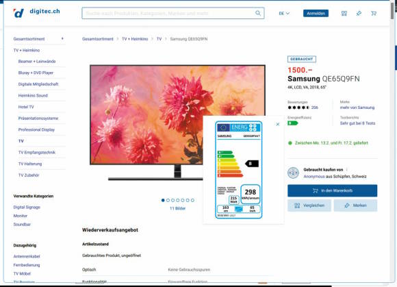 Screenshot eines Gebrauchtgeräte-Angebots bei Digitec mit altem Energielabel