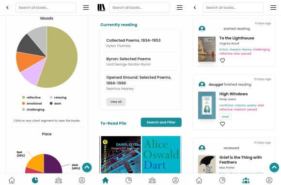 Drei Mobile-Screenshots von StoryGraph nebeneinander