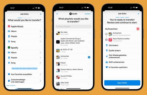 Drei iPhones zeigen den Abgleich der Playlists