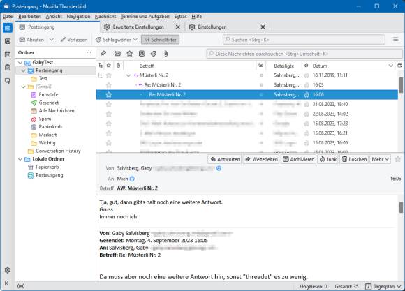 Thunderbird-Screenshot zeigt gruppierten Beispiel-Mailwechsel 