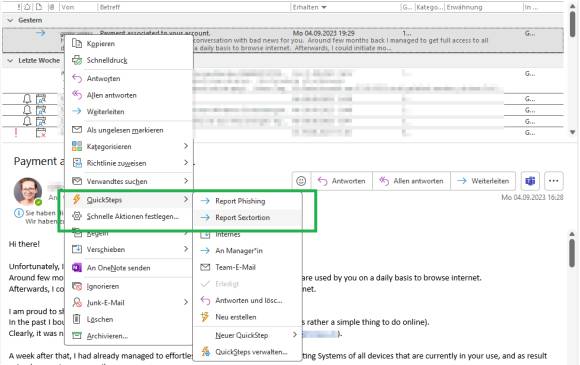 Screenshot zeigt Outlook mit dem Menü zum Verwenden eines QuickSteps 